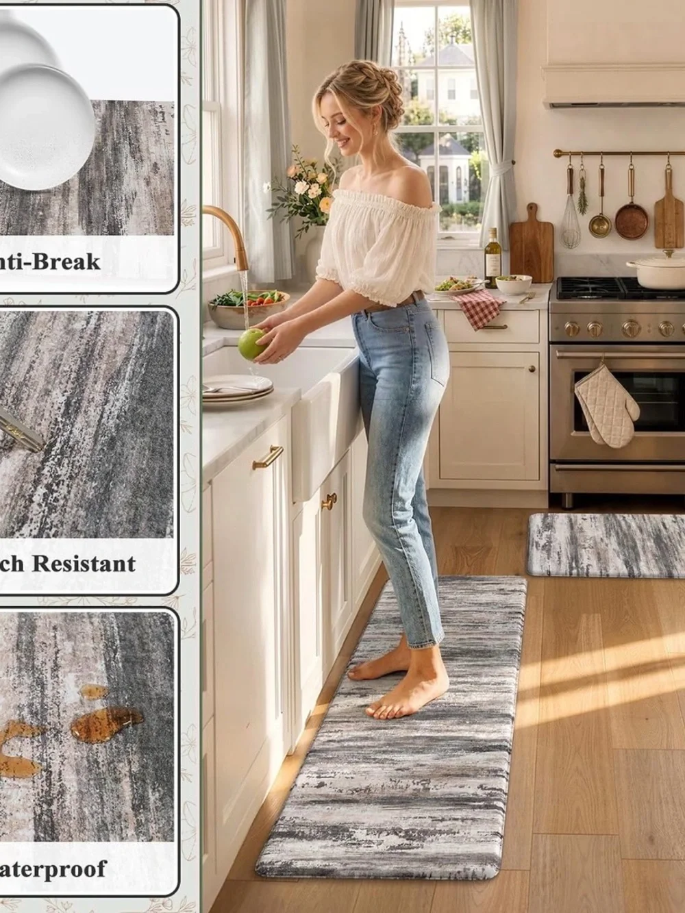 Gray Abstract Memory Foam Kitchen Runner
